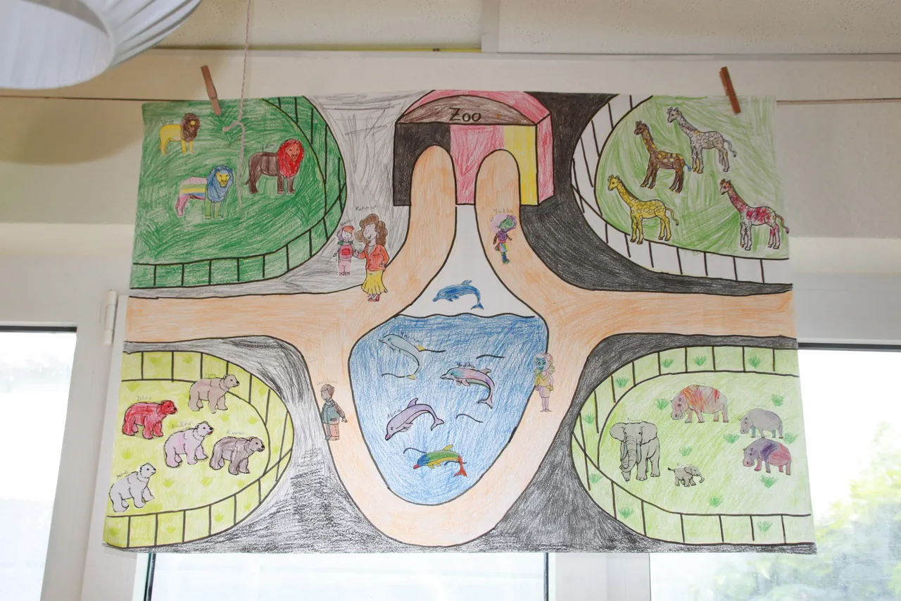Selbst gemaltes Wandbild mit Wegen, Tieren und Landschaften.